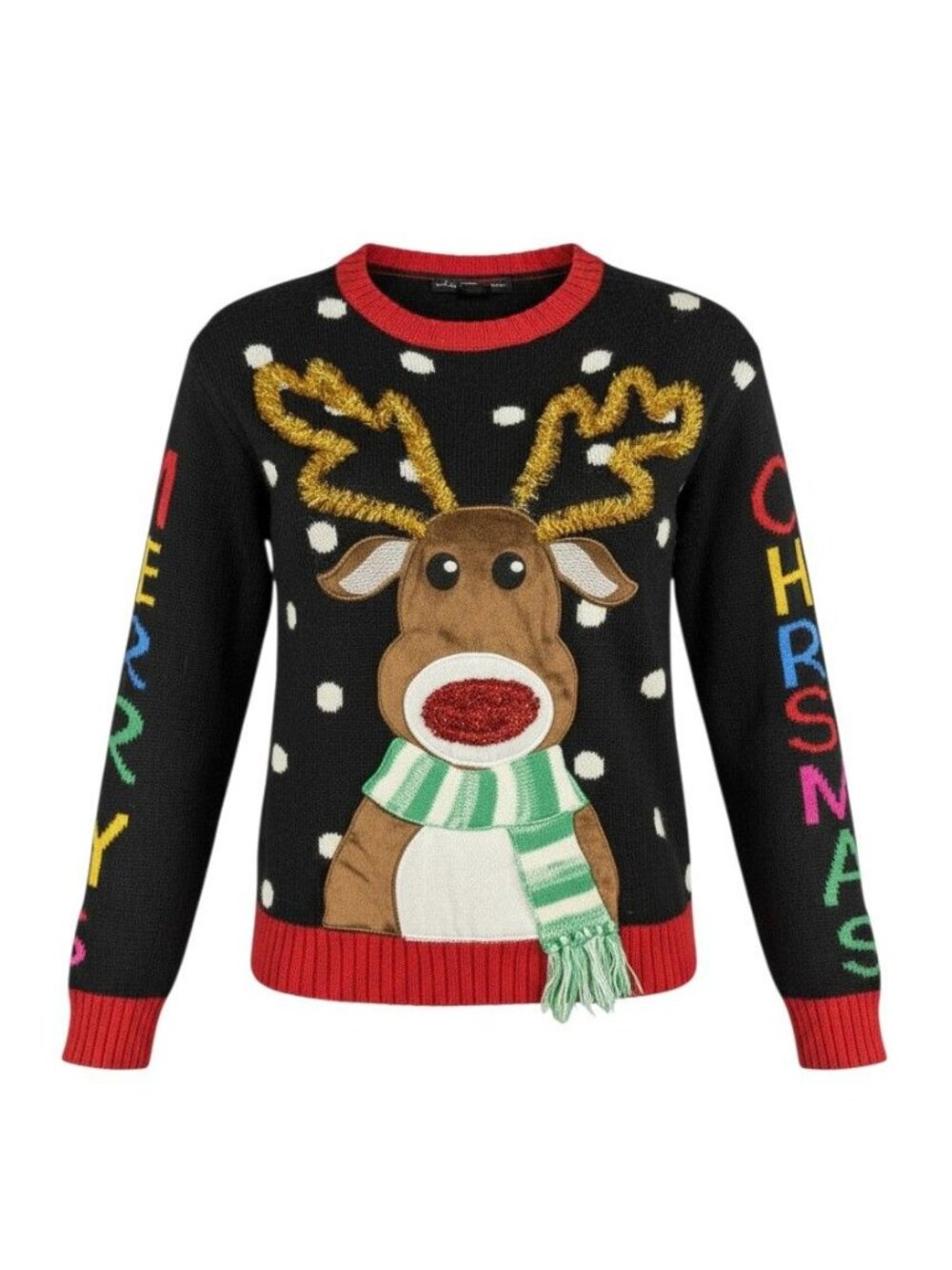 Christmas Reindeer Sweater 3D Gold Antlers Polka Dot Small
